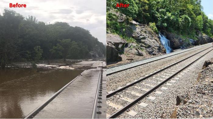 The Hudson Line tracks after being deluged with rainfall and after being restored to service-quality