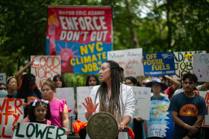 City Councilmember Sandy Nurse at a rally urging expeditious rulemaking for Local Law 97.