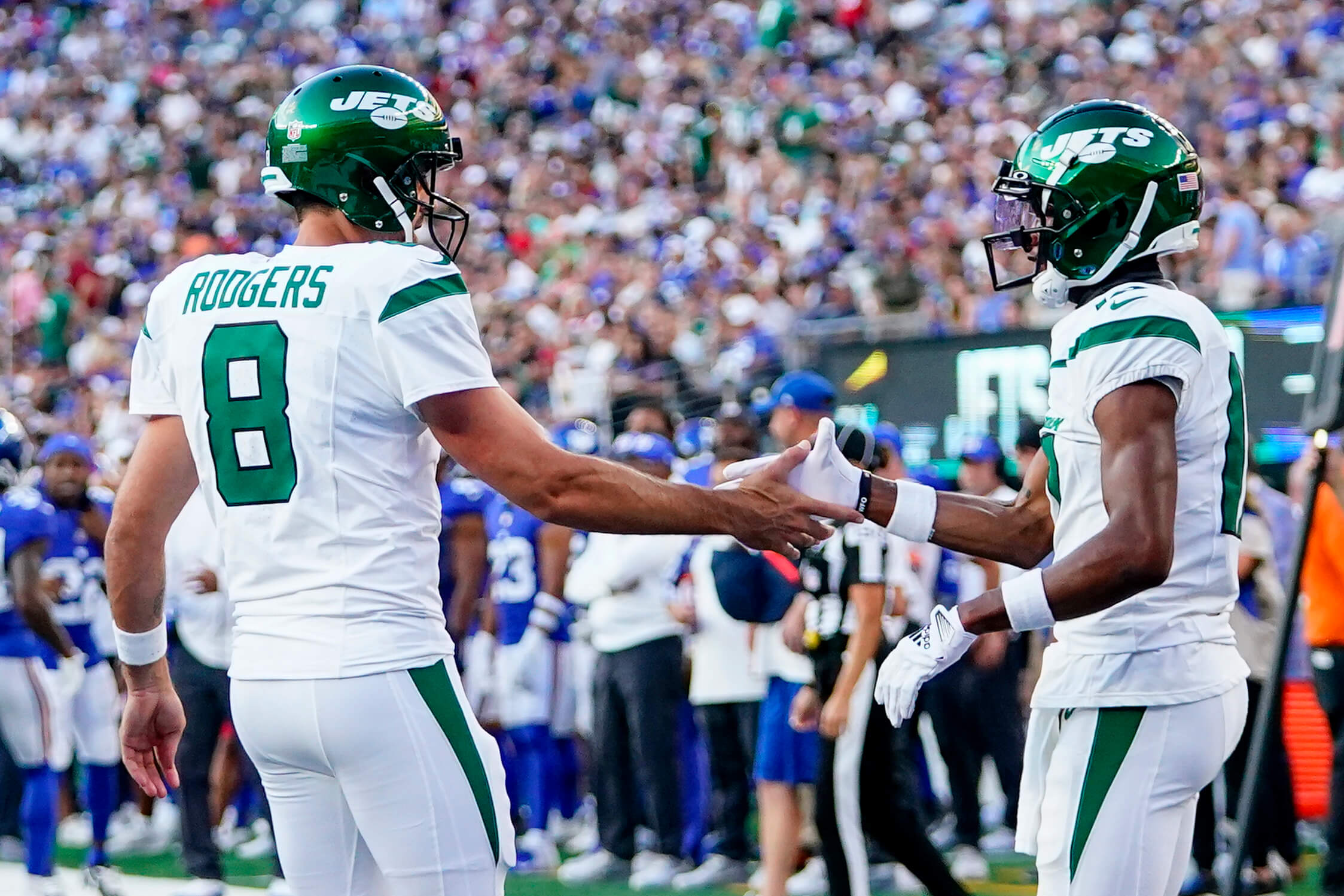 New York Jets wide receiver Garrett Wilson (17) practices before a  preseason NFL football game against the New York Giants, Sunday, Aug. 28,  2022, in East Rutherford, N.J. (AP Photo/Adam Hunger Stock