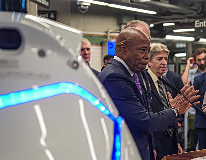 Mayor Eric Adams and the NYPD launch pilot program, where K5 robot will patrol Times Square 42nd Street subway station for the next two months. Friday, Sept. 22, 2023.