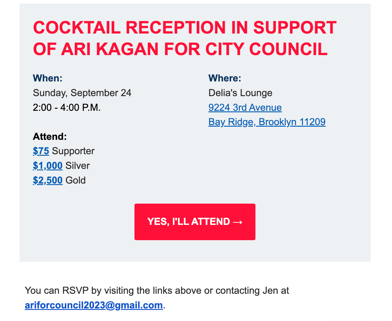 A screenshot of an e-mail from U.S. Rep. Nicole Malliotakis campaign seeking funds for the campaign of City Council Member Ari Kagan