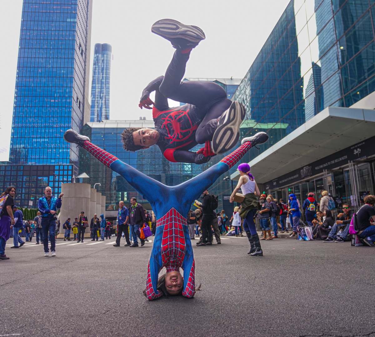 William Hoganson and Hannah Han dressed and performed acrobatics like their favorite Marvel superhero, Spider-Man at New York Comic Con in 2023.