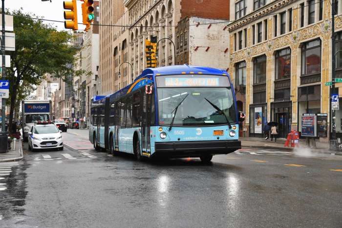 An M14A Select Bus on 14th Street in 2019.