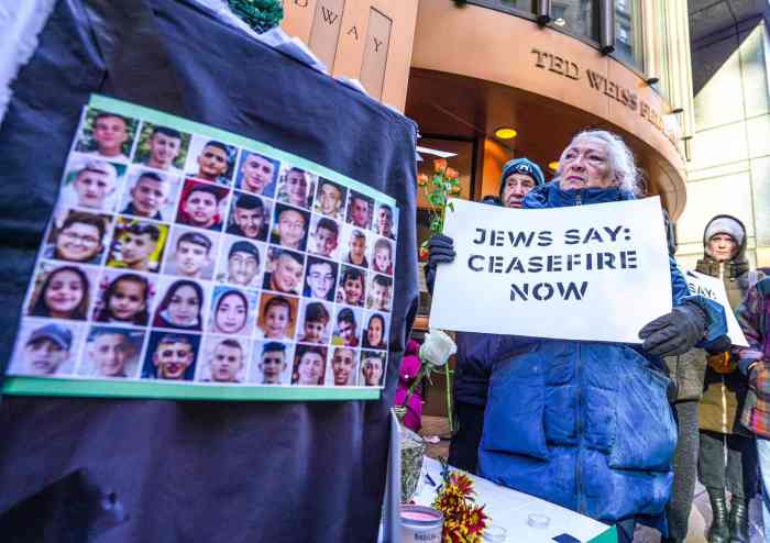 A legion of sorrowful New Yorkers gathered outside of Congressmember Dan Goldman’s Lower Manhattan office on Tuesday morning to demand the United States stop sending money to Israel and to call for a permanent ceasefire in the Middle East.