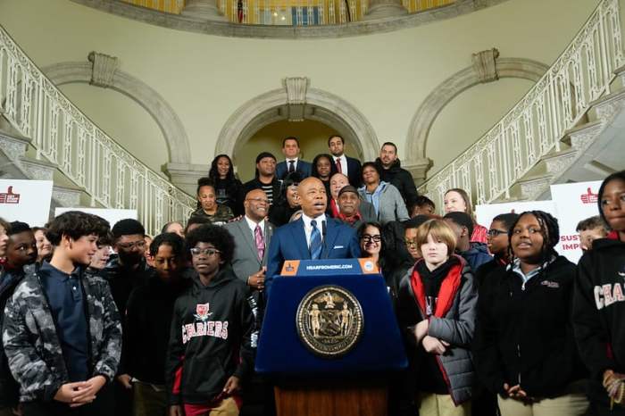 Mayor Eric Adams announces that Nostrand Houses is the first NYCHA development to join the "Preservation Trust."