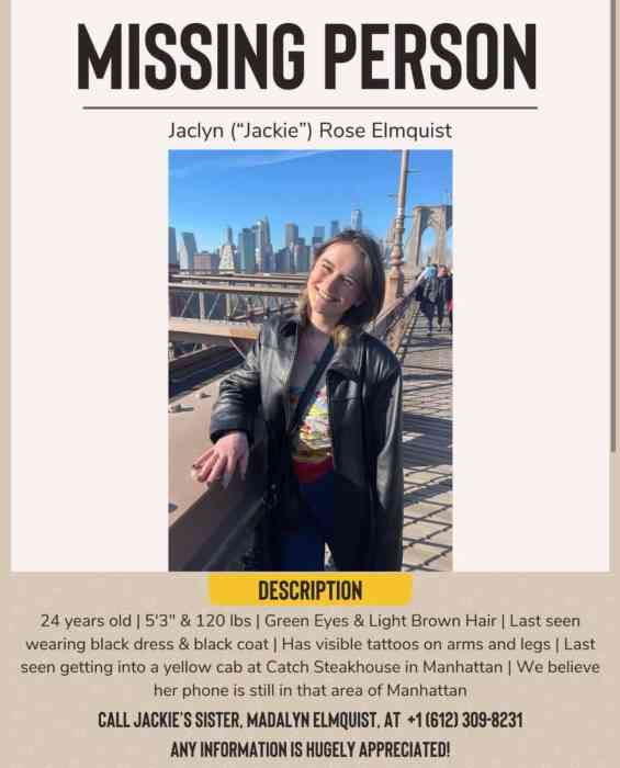 The missing poster shared on social media after 24-year-old Jaclyn Elmquist's disappearance.