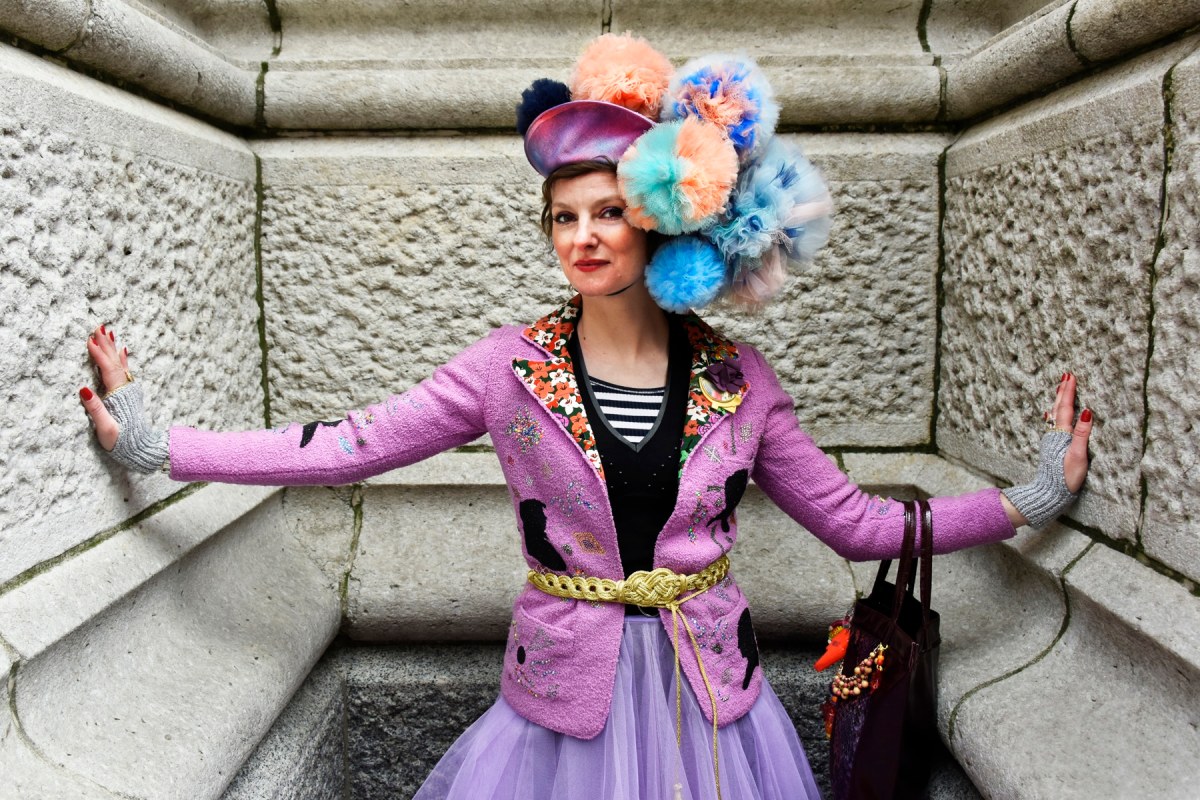 Le Goff on Fifth Avenue for the Easter Parade in a bonnet of her own creation