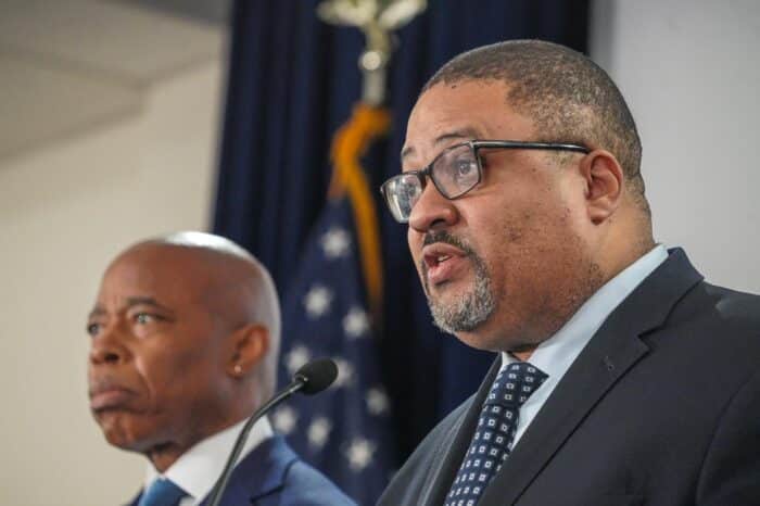 Manhattan District Attorney Alvin Bragg joined Mayor Eric Adams last week to announce the indictment of seven suspects accused of attacking NYPD cops in Times Square last month.