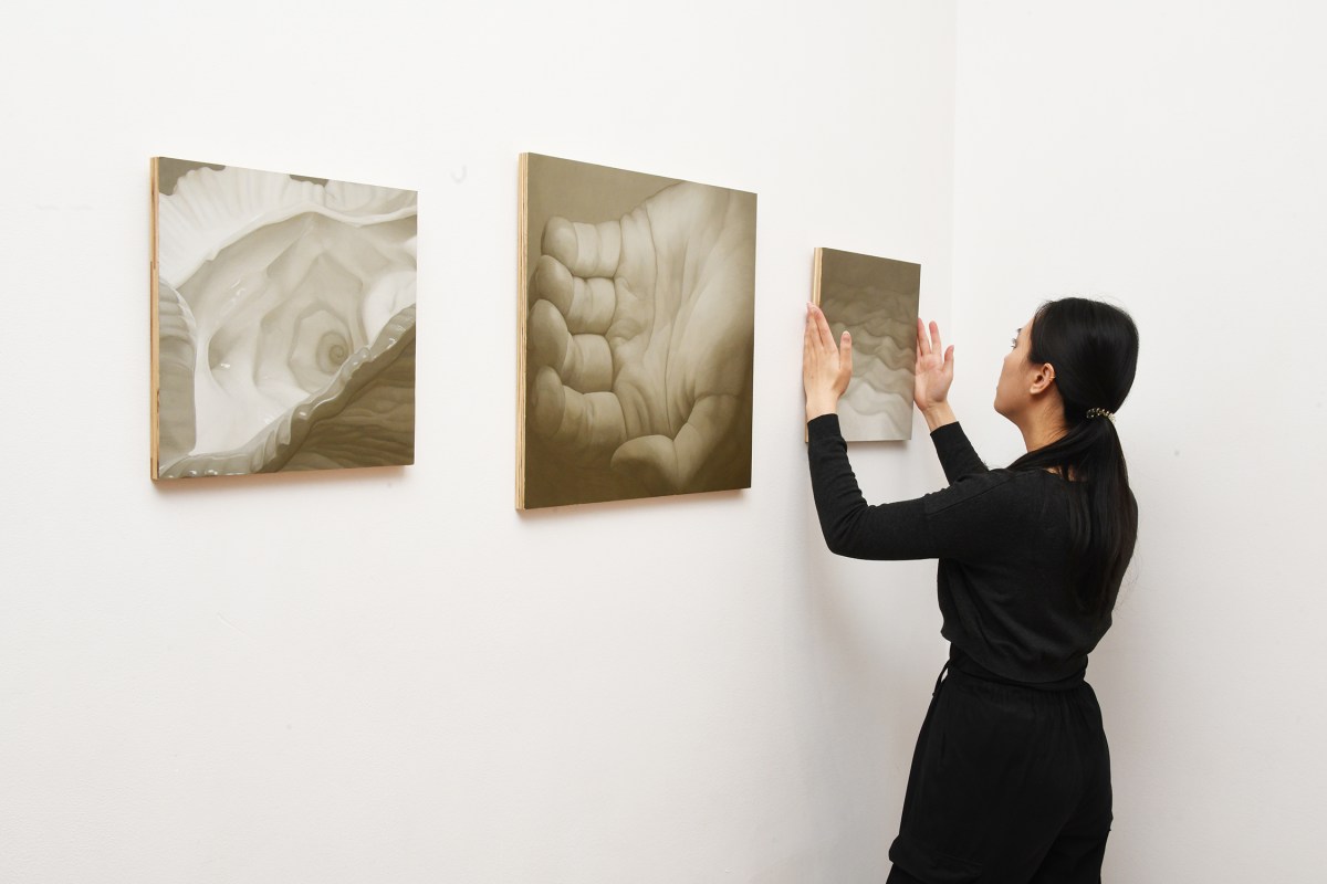 Gallery assistant Sophia Brown at work adjusting Kathryn Goshorn's work at 52 Walker St.Photo