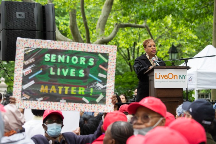 City Council Speaker Adrienne Adams rallies with her colleagues, advocates and hundreds of seniors outside City Hall to call for the restoration of funding for older adult centers and meal programs. Thursday, May 16, 2024.