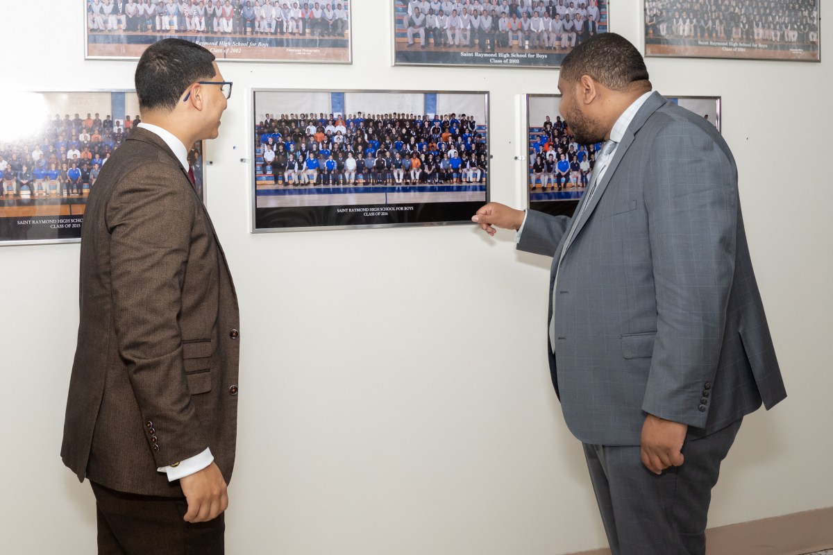 NYPD Detective Angel Familia and NYPD Assistant Commissioner of Community Affairs Bureau Alden Foster visit their alma mater, St. Raymond High School for Boys