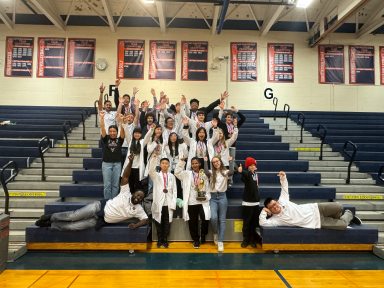 students from Brooklyn school I.S. 98 in a school gym