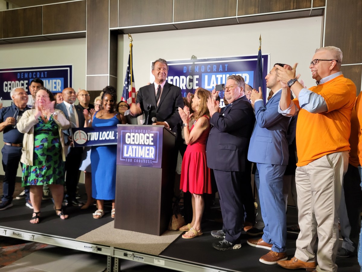 George Latimer with supporters celebrating primary victory