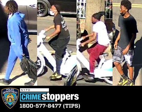 surveillance photo of four people, two on bikes, in the daytime wanted for a shooting in Brooklyn