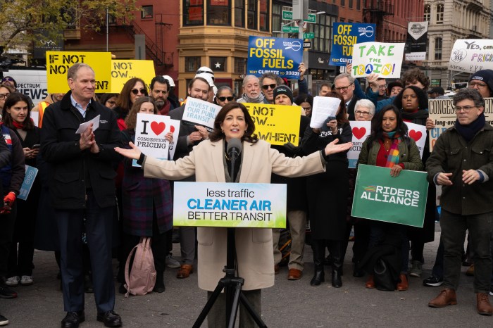 Gov. Kathy Hochul speaks at congestion pricing rally with MTA Chair Janno Lieber