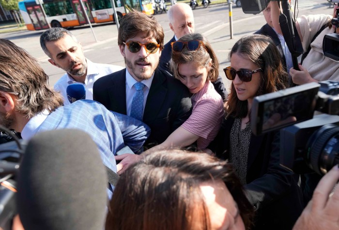 Amanda Knox arrives at the Florence courtroom in Florence, Italy, Wednesday, June 5, 2024. Amanda Knox returns to an Italian courtroom Wednesday for the first time in more than 12½ years to clear herself "once and for all" of a slander charge that stuck even after she was exonerated in the brutal 2007 murder of her British roommate in the idyllic hilltop town of Perugia.
