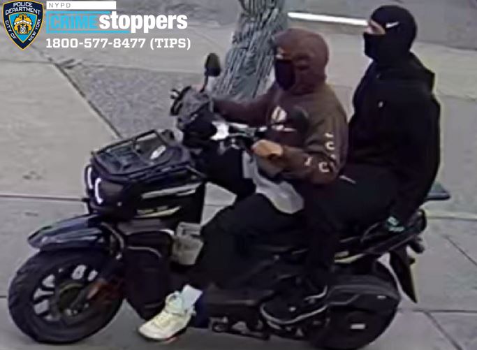 Suspects wearing masks on a moped wanted for robberies in Manhattan and Brooklyn