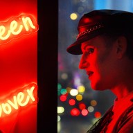 East Village drag queen Eileen Dover and neon sign with name