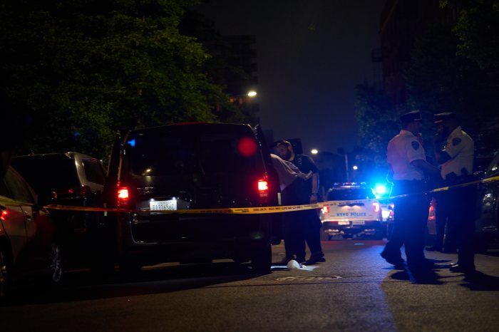 police at night on the street investigating crime scene in Brooklyn