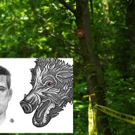 Sketches of Queens park rapist and tattoo inset before wooded crime scene
