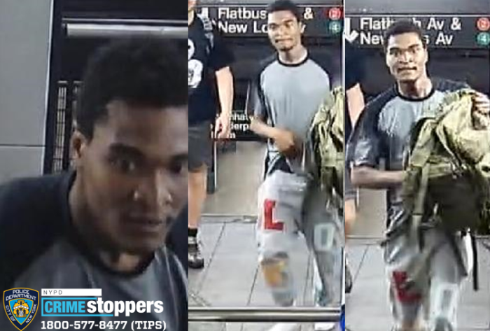 collage of three photos of man wearing grey and black shirt and grey pants in Brooklyn train station