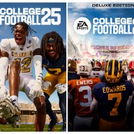 This combo of images provided by EA Sports, shows the video game covers for the new standard edition College Football 25, left, and Deluxe Edition College Football 25, featuring Texas' Quinn Ewers, Colorado's Travis Hunter, and Michigan's Donovan Edwards.