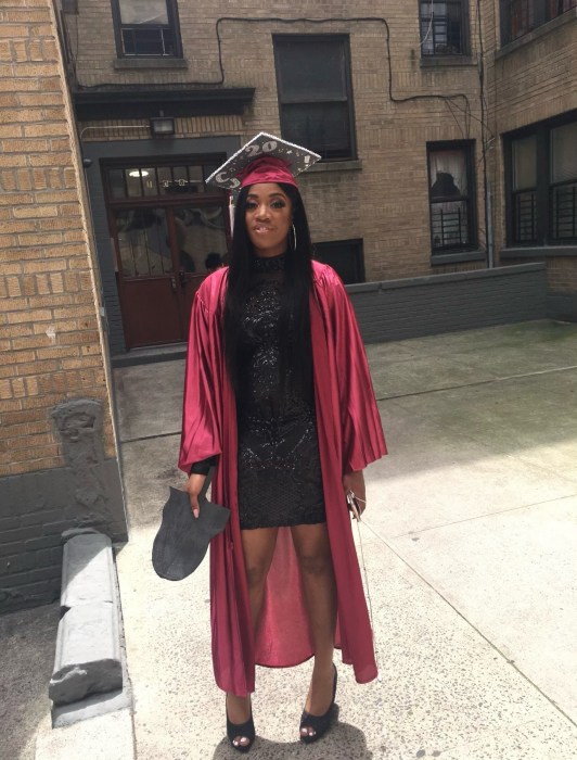 young woman wearing graduation cap and gown was an inmate at Rikers Island