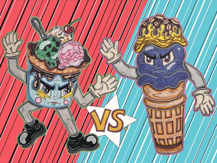 an illustration of anthropomorphic ice cream sundae and ice cream cone ready to battle