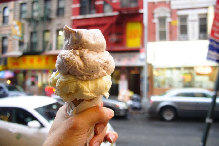 A lychee and taro flavored ice cream cone during winter time in Chinatown Manhattan.