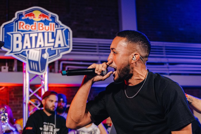 A close up of a rapper competing in the Red Bull Batalla