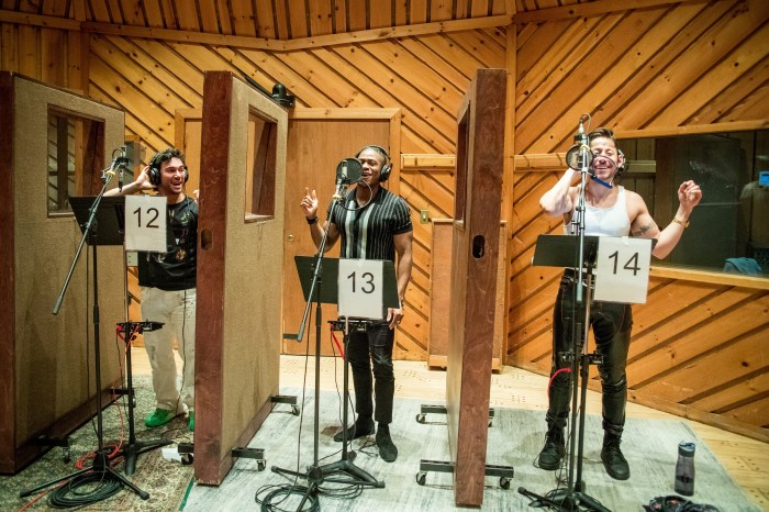 Tommy Bracco, Michael Olaribigbe, Mike Baerga recording the cast album for "The Heart of Rock and Roll"