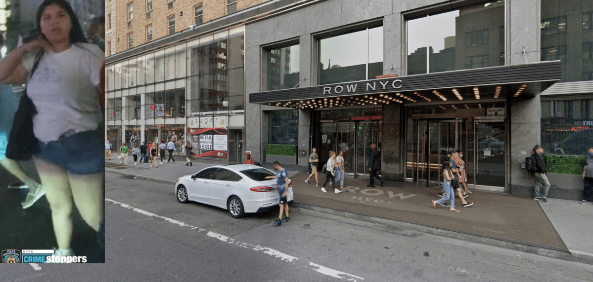 woman wearing white T-shirt next to a scene of Midtown Manhattan