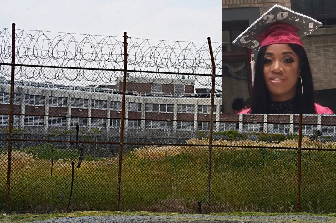 Rikers Island with photo of woman who died there