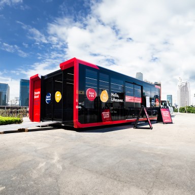 A New York Blood Center donation pod, which looks like a trailer.