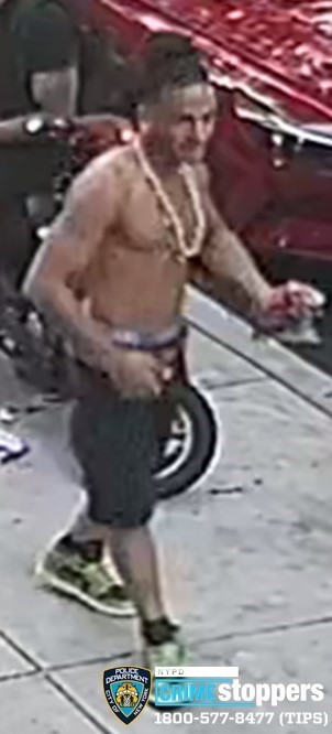 man wanted for assault in Brooklyn, wearing no shirt and black shors