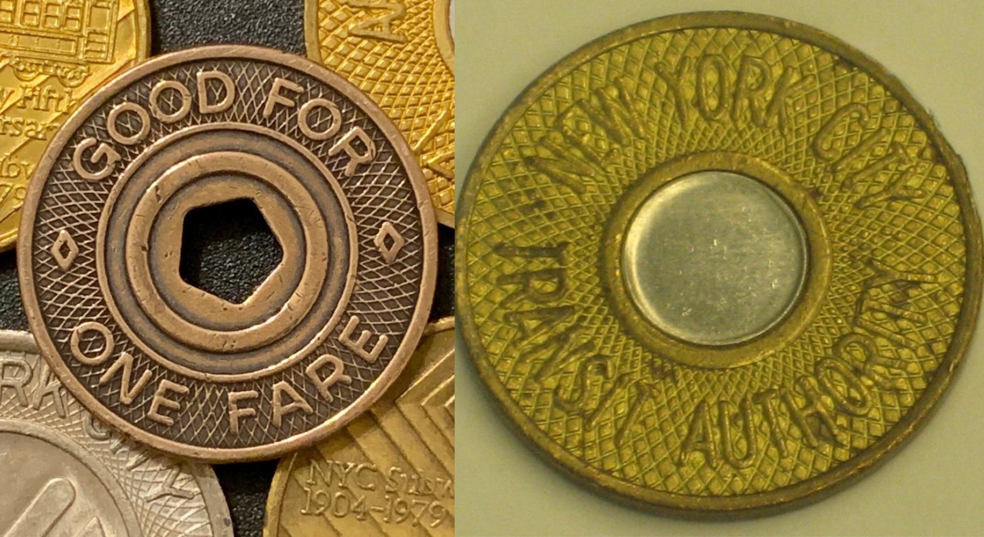 Five (5) NYC Subway Tokens, 5 Boroughs Vintage Transit Token, Pentagon Center Cut-out, 1990s online - 2000s New York City Memorabilia, Subway Token