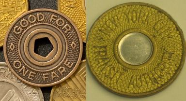 a side by side of two NYC subway tokens, "Five Boroughs" Pentagram Token on the left and a bulls eye token on the right
