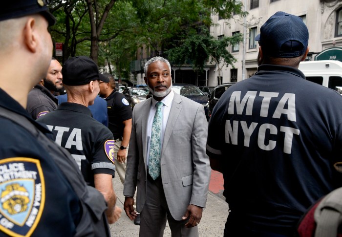 NYCT Interim President Demetrius Crichlow with MTA New York City Transit Special Inspectors from the EAGLE Team enforce bus fare payment along the M96 route at East 96th St. & 5th Av. on Thursday, Aug 29, 2024.