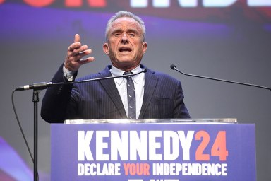 Robert F. Kennedy, Jr. at at a microphone campaigning