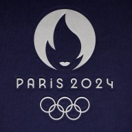 Paris 2024 Olympics - Team France unveils Olympics Opening Ceremony Outfits - Grand Palais Ephemere, Paris, France - April 17, 2024 The logo of the Paris 2024 Olympics is seen before the event