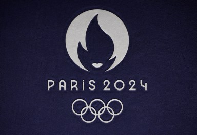 Paris 2024 Olympics - Team France unveils Olympics Opening Ceremony Outfits - Grand Palais Ephemere, Paris, France - April 17, 2024 The logo of the Paris 2024 Olympics is seen before the event