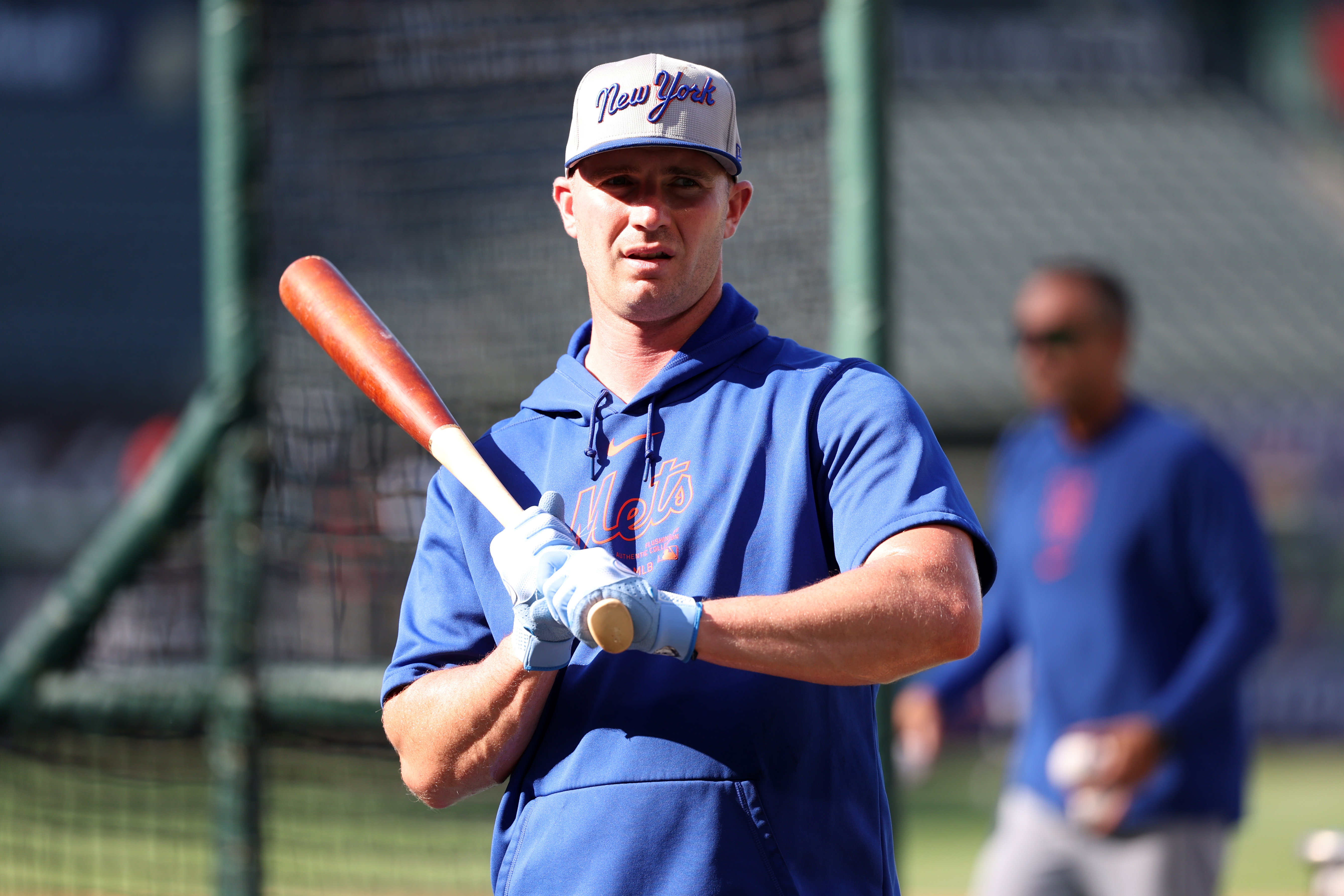 Anaheim, California, USA; New York Mets first baseman Pete Alonso (20) on the field during batting practice before the game against the Los Angeles Angels at Angel Stadium.