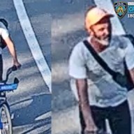 split photo of a man in a yellow hat and the other photo shows him on a bike