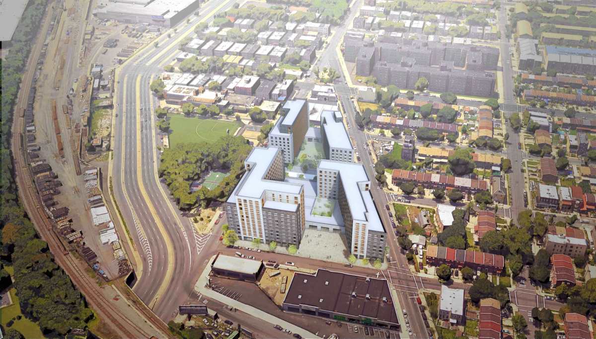 An overhead view of ebenezer plaza in brooklyn. Affordable apartments can be had at Ebenezer Plaza in Brownsville for as low as $454 per month.