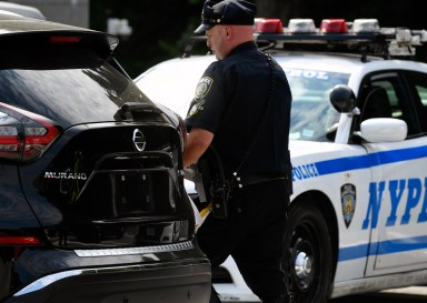 Police officer near defaced ghost plates on vehicle