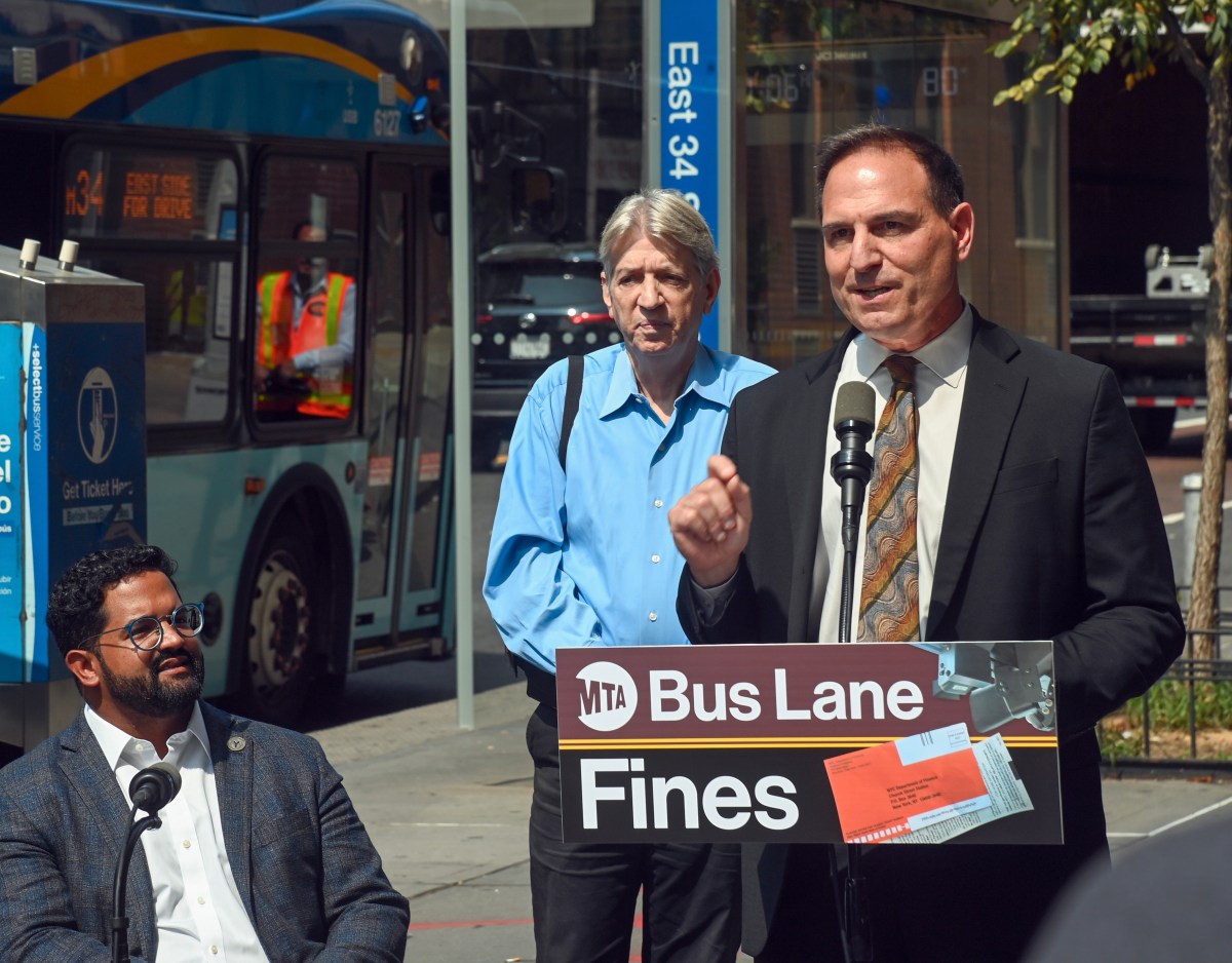 MTA New York City Transit Senior Vice President of Buses Frank Annicaro, NYC DOT Commissioner Ydanis Rodriguez, and MTA Chief Accessibility Officer Quemuel Arroyo hold a press conference