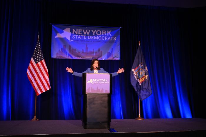 New York Governor Kathy Hochul speaks at the 2024 democrat breakfast.