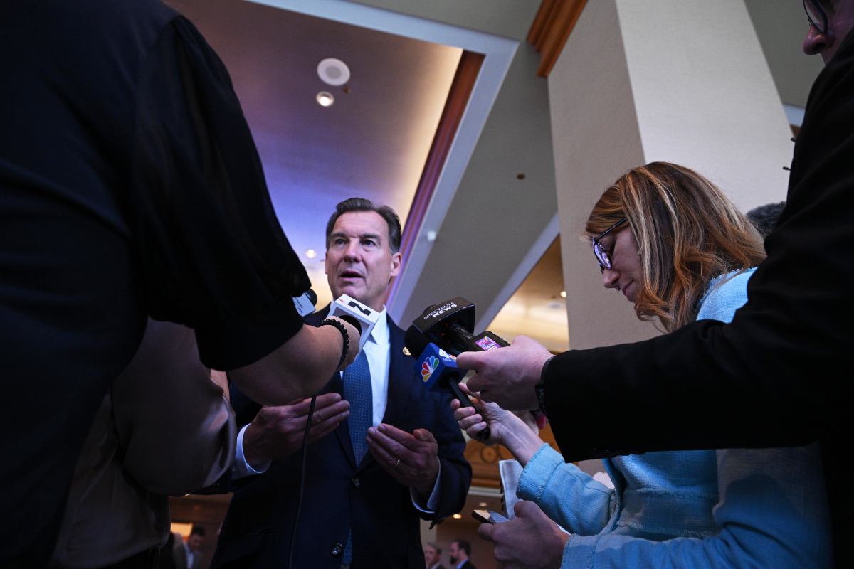 United States Representative Tom Suozzi speaks to reporters at the Sherdian Hotel ahead of the DNC night 3 in Chicago, IL on August 21., 2024.