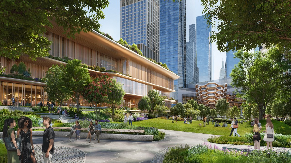 rendering of green space near Hudson Yards with people walking outside in day time