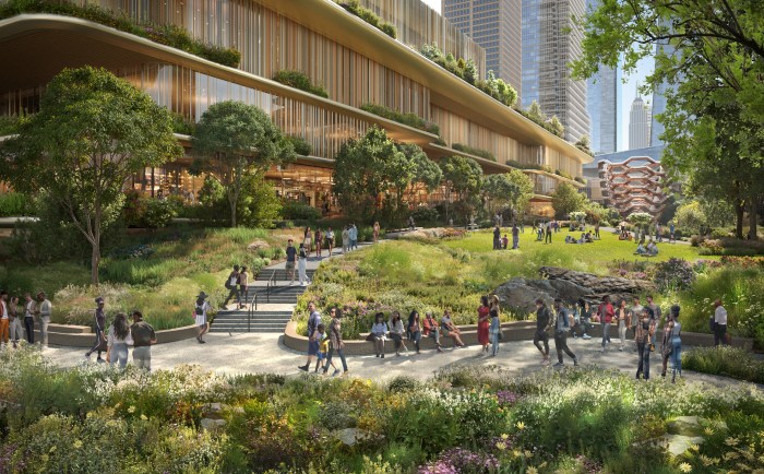 rendering of Hudson Yards casino project, showing green space with people walking in it